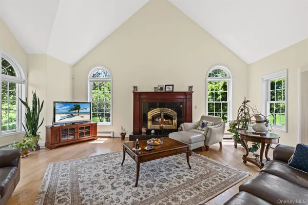 a living room with furniture and a fireplace
