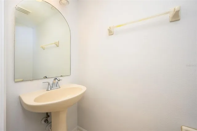 a bathroom with a sink a mirror and a shower