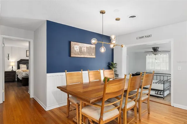 a view of a dining room with furniture and wooden floor