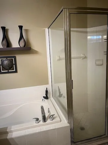 a bathroom with a bathtub and a shower