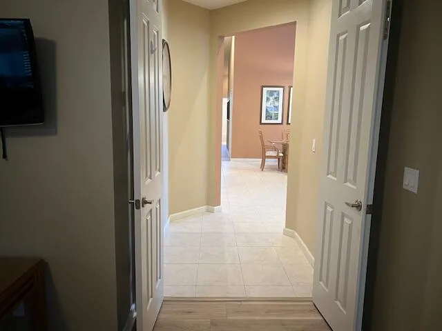 a view of a livingroom from a hallway