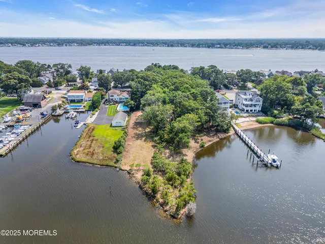 an aerial view of a house with a garden and lake view