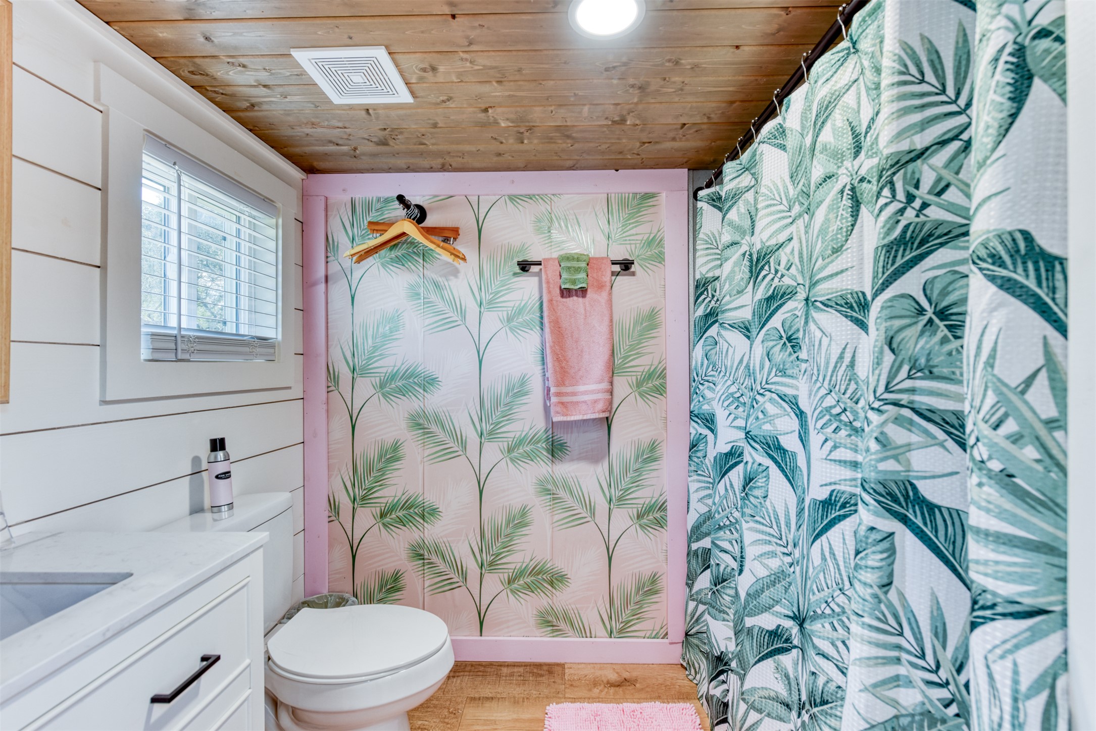 1156 Narrows Road Blanco, TX 78606 - Photo 33 of 40 Bathroom featuring a wood-finish plank ceiling, shiplap wall paneling, and wood-finish flooring
