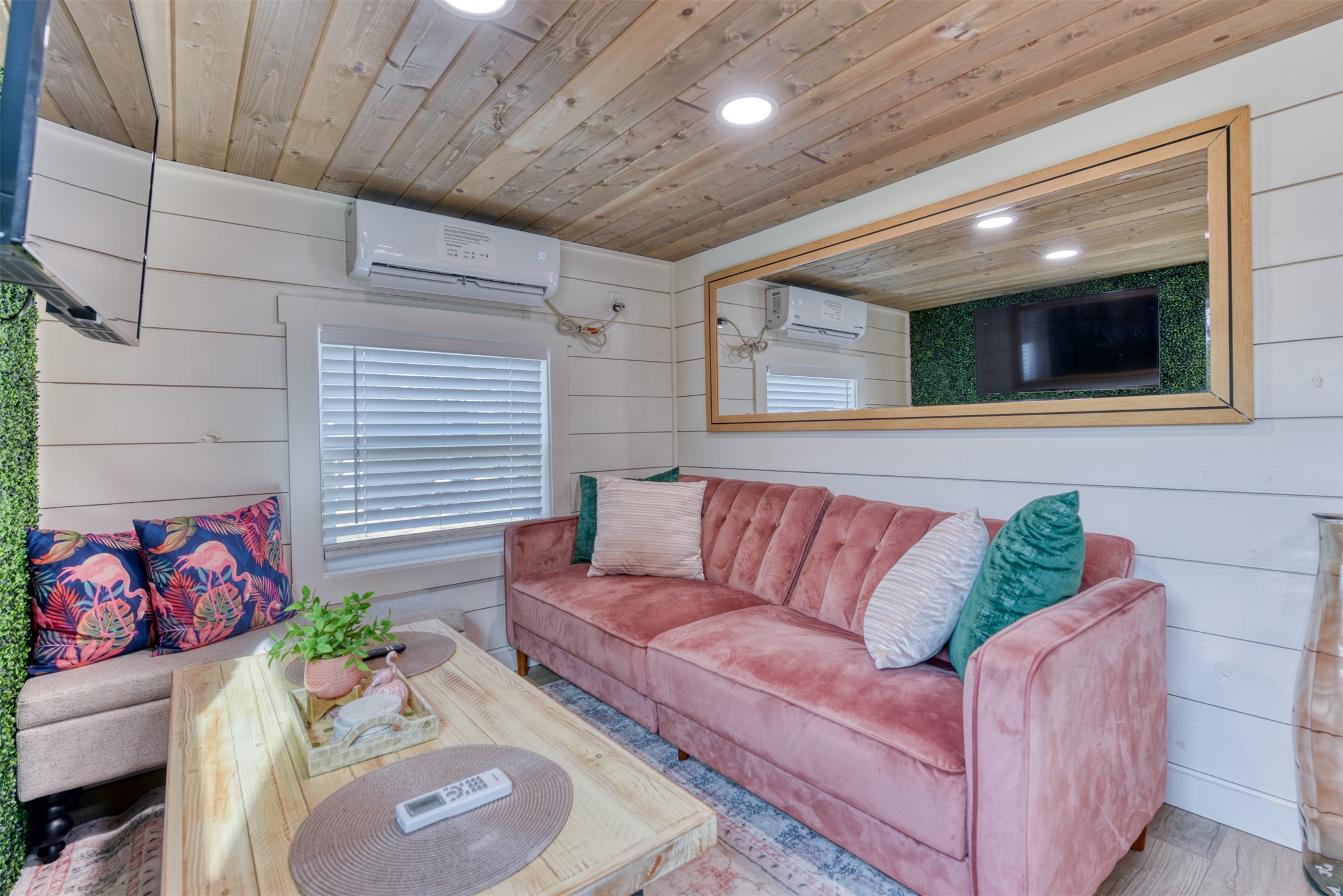 1156 Narrows Road Blanco, TX 78606 - Photo 34 of 40 Living area featuring shiplap walls, wood-finish ceiling, and a large window with blinds