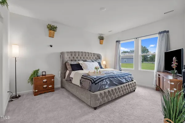 a bedroom with a bed and a television