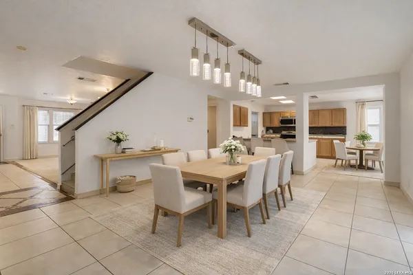 a view of a dining room with furniture