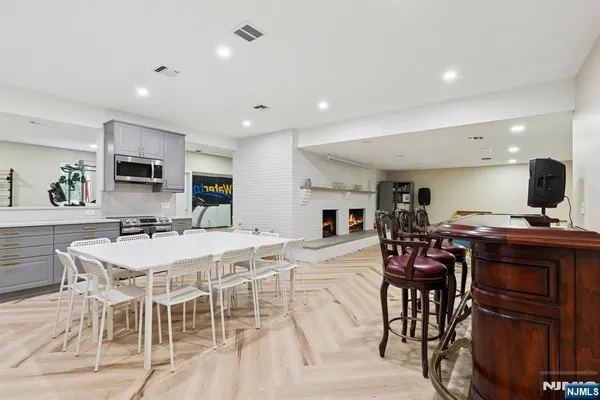 a view of a dining room with furniture