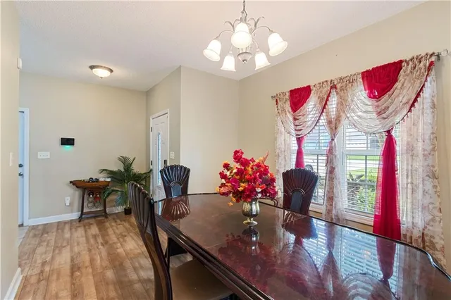 a view of a dining room with furniture and wooden floor