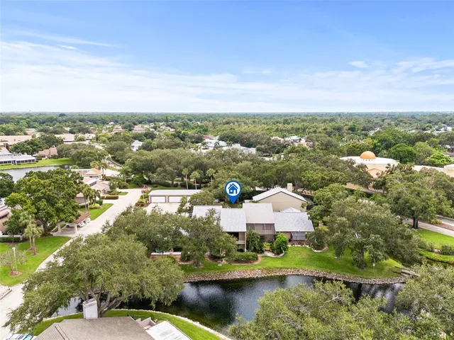 an aerial view of residential houses with outdoor space and river