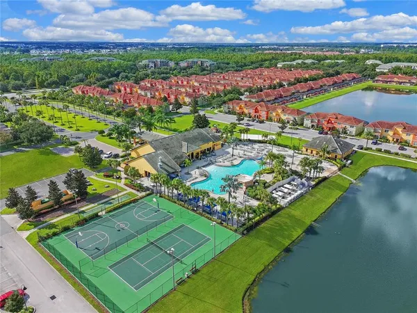 an aerial view of a golf course with outdoor space