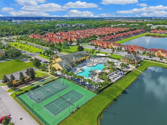 an aerial view of a golf course with outdoor space