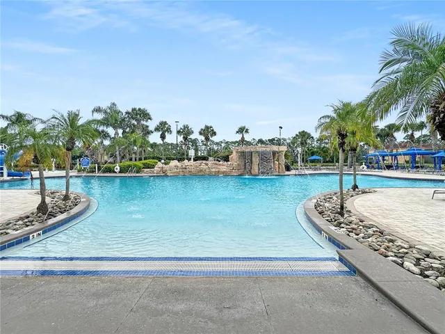 a view of a swimming pool with a bench and palm trees