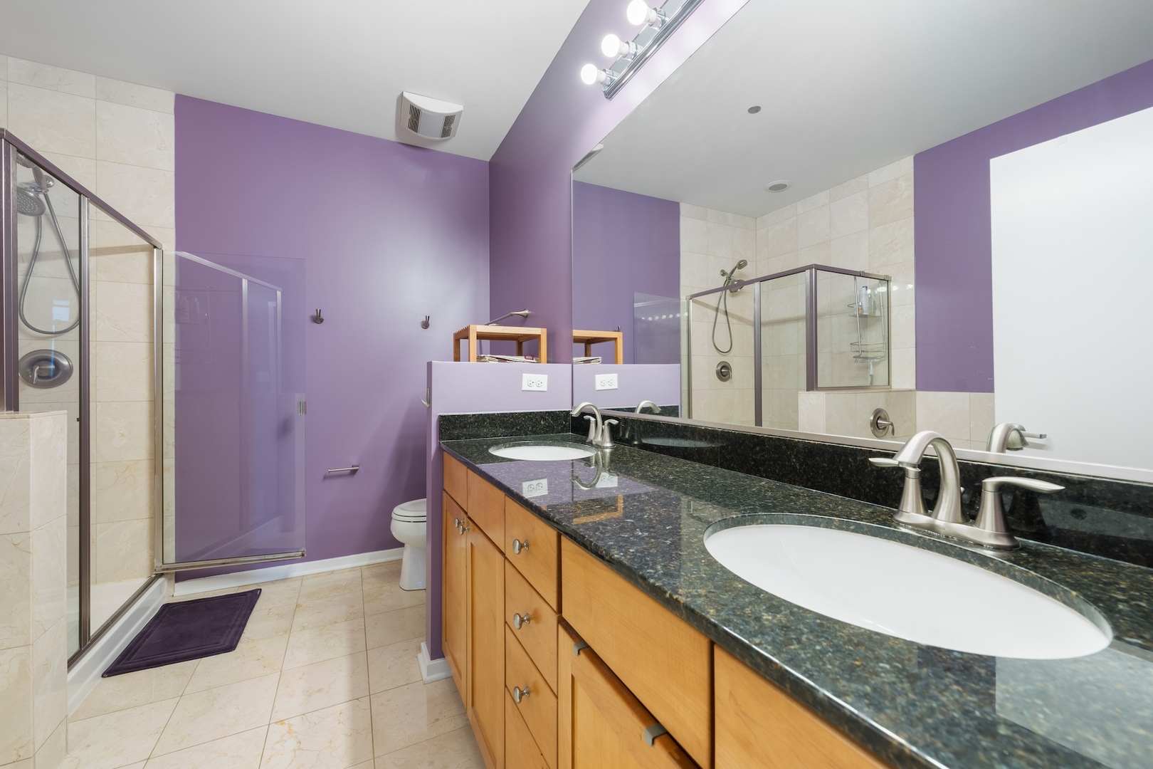 520 South State Street, Unit 1722 Chicago, IL 60605 - Photo 10 of 28 a bathroom with a granite countertop sink a mirror and a shower