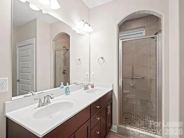 a bathroom with a sink a shower a mirror and a vanity