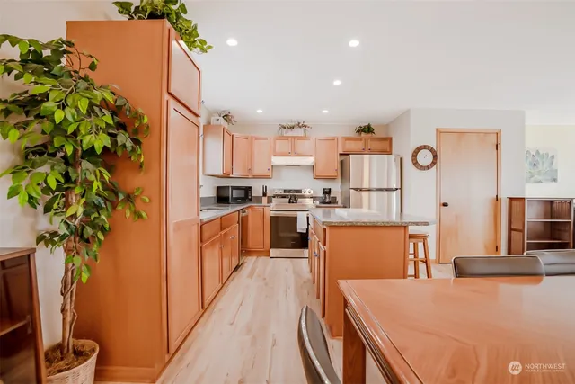 a kitchen with stainless steel appliances a refrigerator a stove a sink and a potted plant