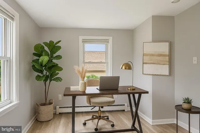 a workspace with furniture and a potted plant