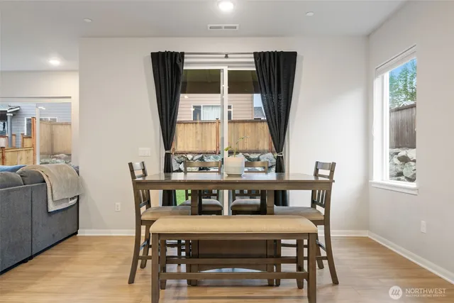 a view of a dining room with furniture and window