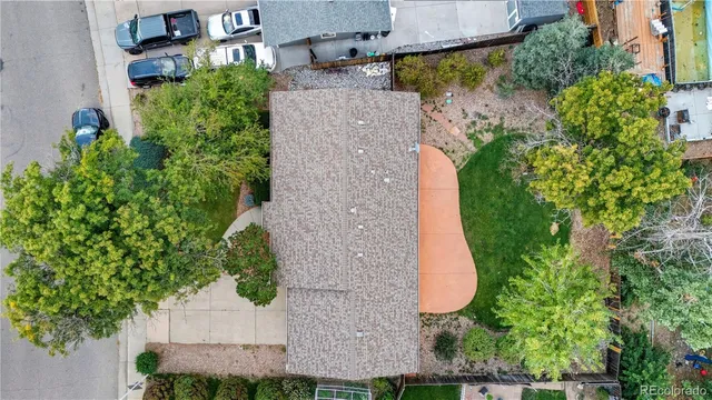 an aerial view of a house with outdoor space