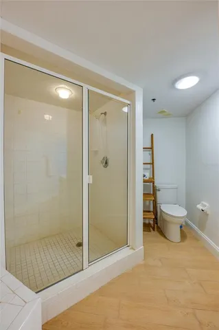a bathroom with a shower and a toilet