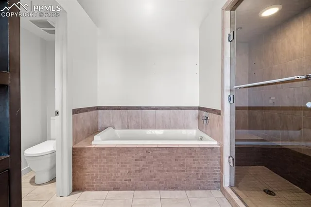 a bathroom with a bathtub and a toilet