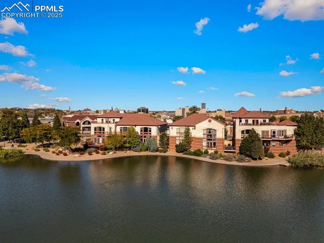 a view of a lake with houses