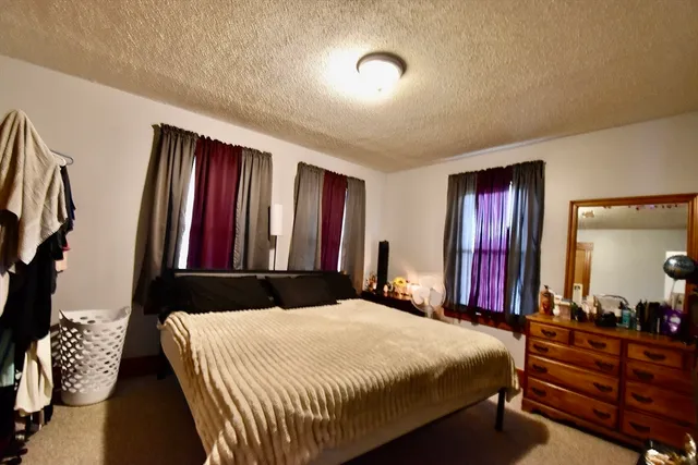 a bedroom with a bed and dresser with mirror