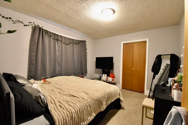 a bedroom with a bed and a flat tv screen on the dresser