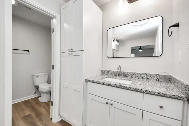 a bathroom with a granite countertop sink toilet and mirror