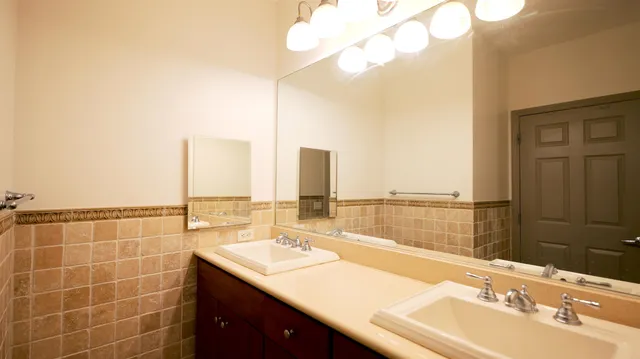 a bathroom with a sink vanity and a mirror