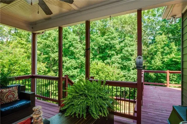 a view of a garden from a balcony