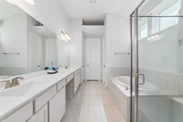 a bathroom with a double vanity sink mirror double and shower