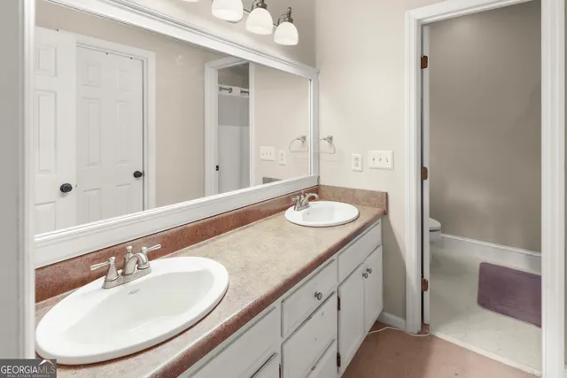 a bathroom with a sink double vanity and a mirror