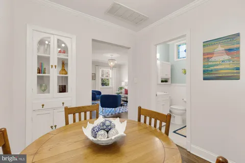 a view of a dining room with furniture