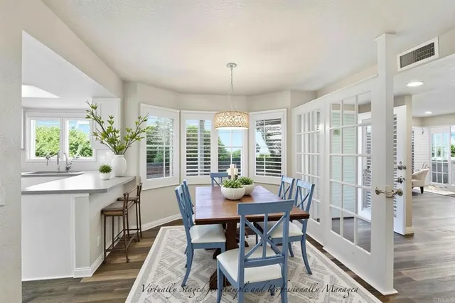 a view of a dining room with furniture window and wooden floor