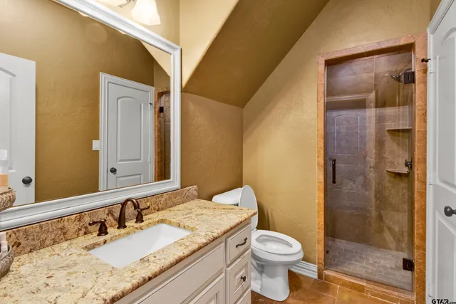 a bathroom with a granite countertop sink toilet and shower