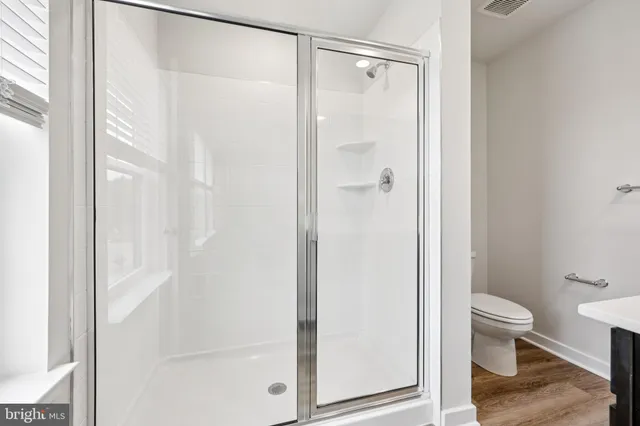 a bathroom with a shower and a toilet