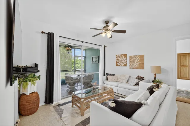 a living room with furniture floor to ceiling window and a potted plant