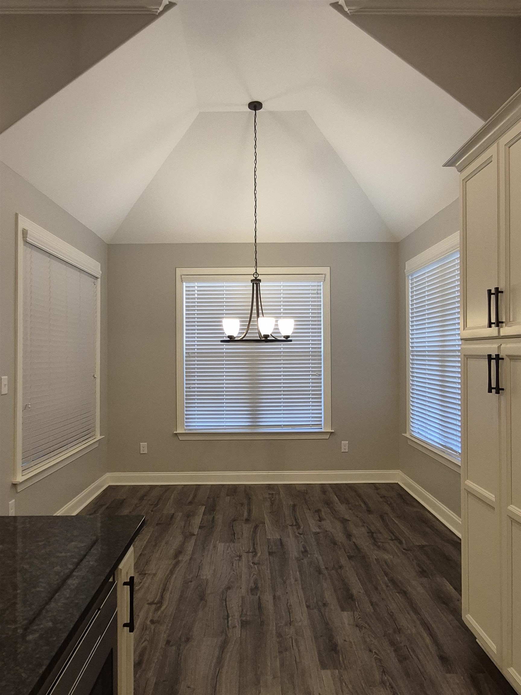 5120 Moudry Lane Lakeland, TN 38002 - Photo 3 of 34 Eat-in kitchen area featuring lofted ceiling, a chandelier, and dark wood finished floors