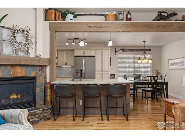 a open kitchen with a table and chairs