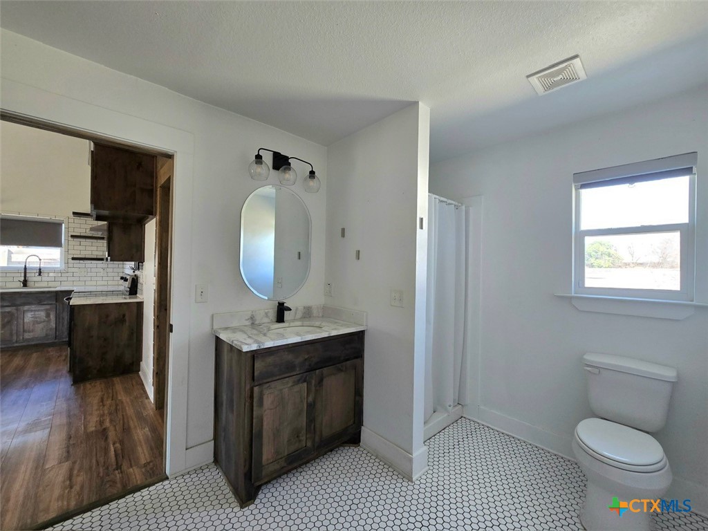 1005 Bridge Street Lampasas, TX 76550 - Photo 17 of 29 a bathroom with a toilet a sink and a mirror