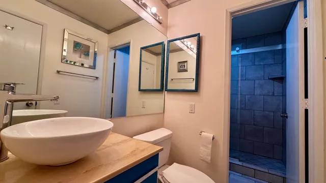 a bathroom with a sink a toilet and mirror