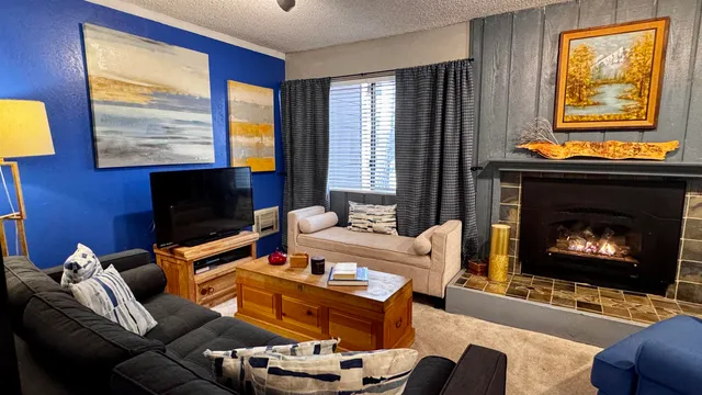 a living room with furniture a fireplace and a flat screen tv