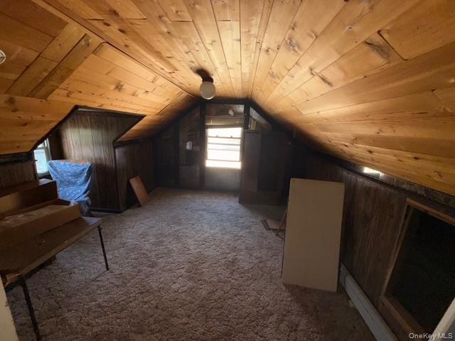 35 Marlow Road Valley Stream, NY 11580 - Photo 13 of 19 Bonus room with wooden ceiling, light carpet, wood walls, and vaulted ceiling