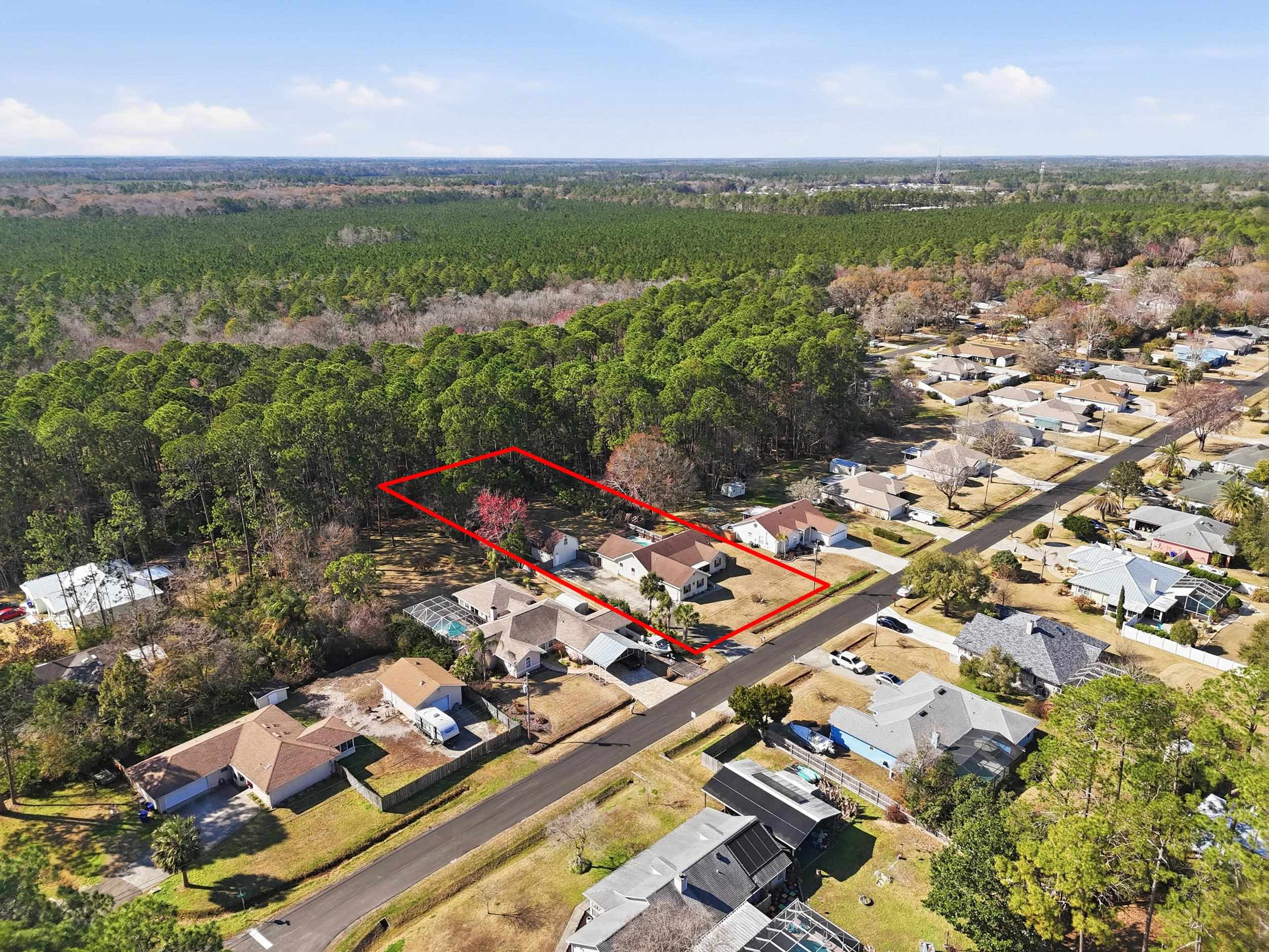 5296 Timucua Circle St. Augustine, FL 32086 - Photo 60 of 65 Aerial perspective of suburban area with property parcel outlined and a heavily wooded area