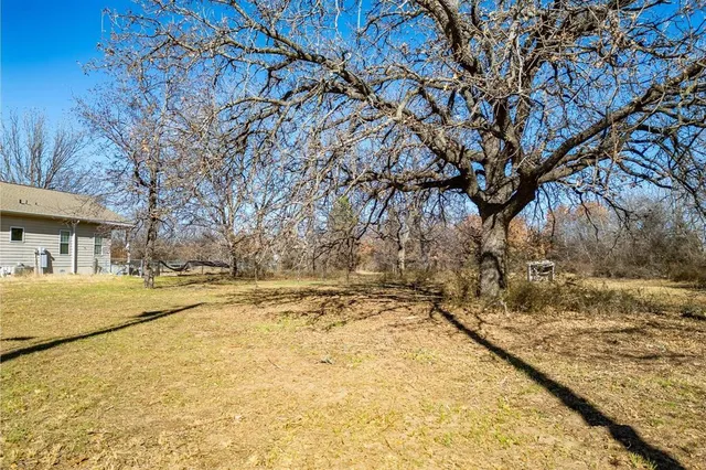 a view of a yard with large trees