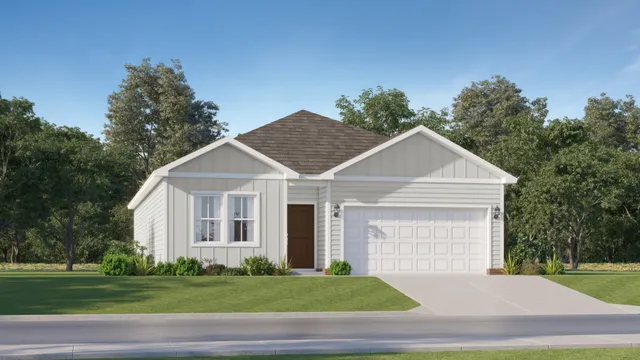 a view of a white house next to a yard with big trees