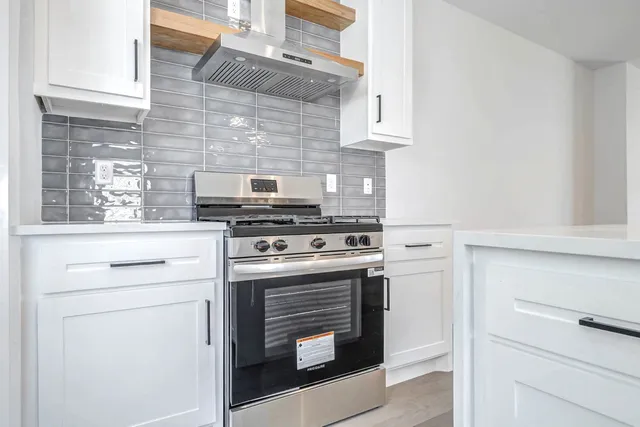 a kitchen with a stove and a microwave