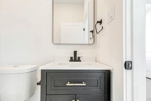 a bathroom with a sink vanity and a toilet