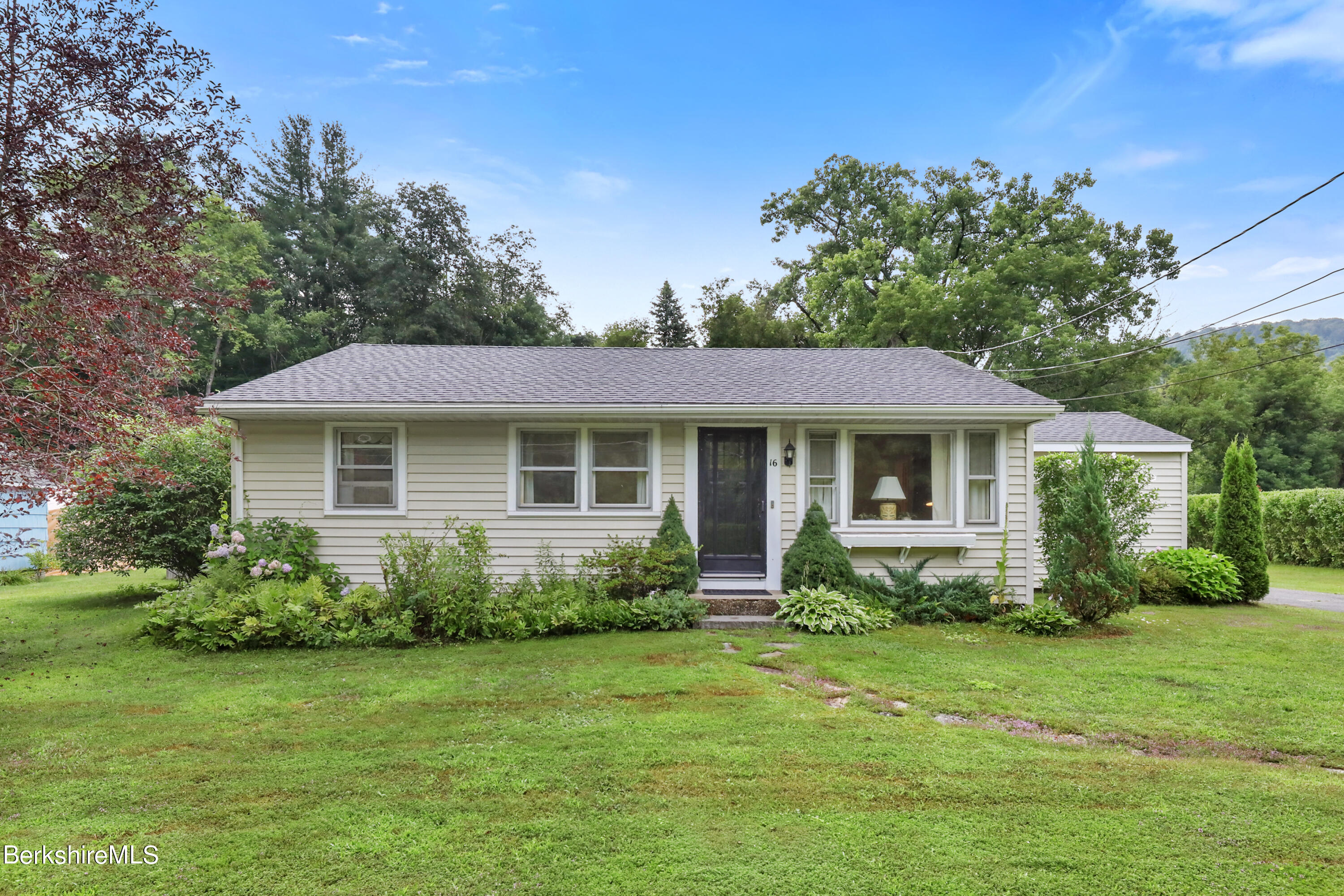 a front view of house with yard and green space