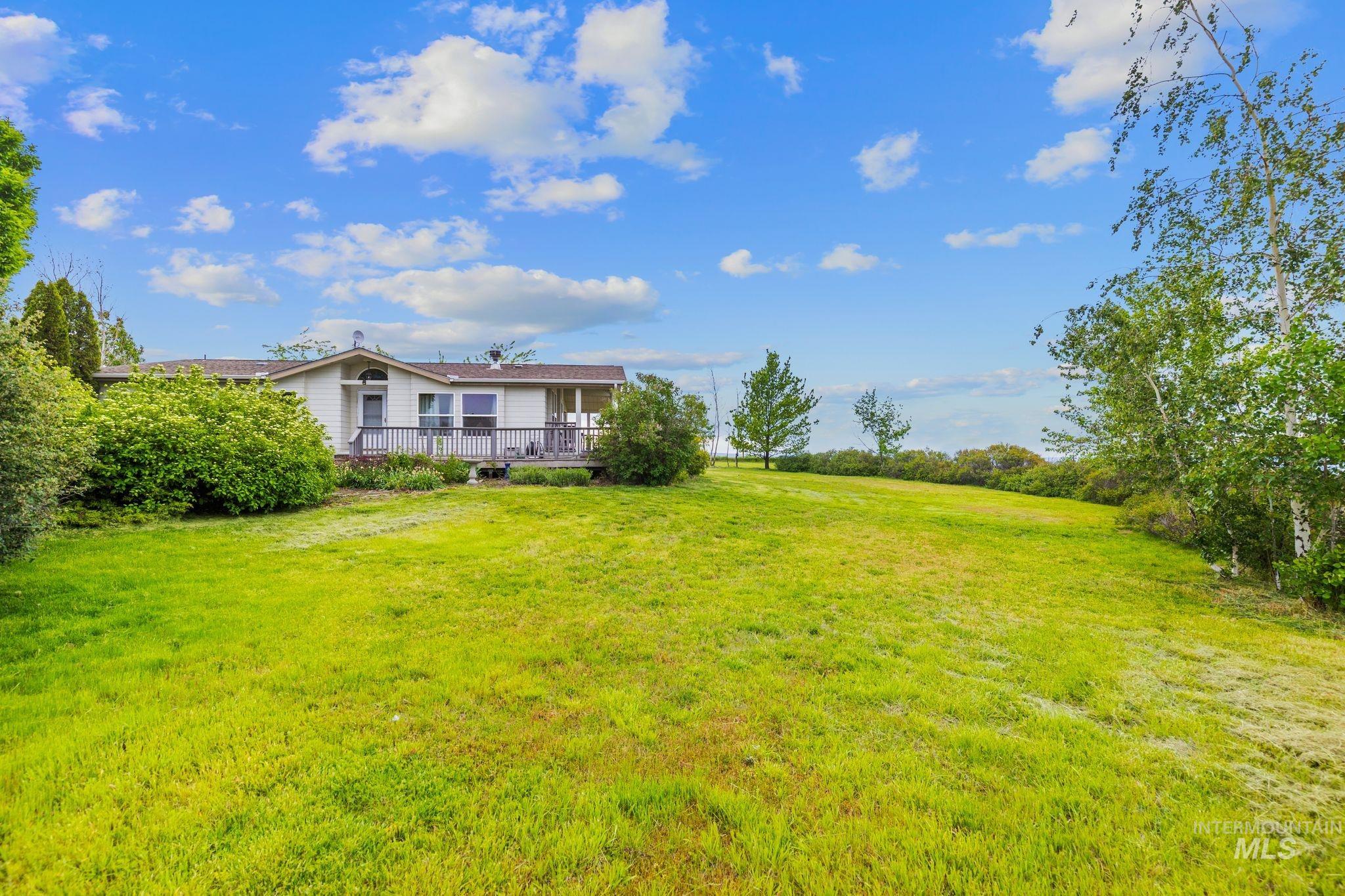 37989 Rosenkrantz Road Lewiston, ID 83501 - Photo 11 of 50 Expansive green lawn with a white single-story residence featuring a front deck and mature landscaping